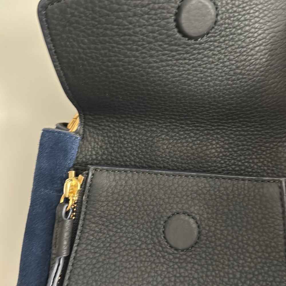 Tory Burch Half Moon Petite Mixed Material Satchel. Blue and Black. - Picture 5 of 13